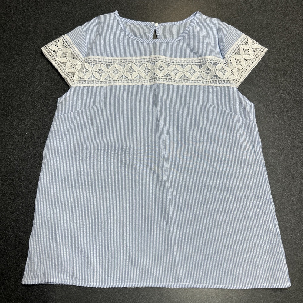 Baby Blue Short Sleeve Blouse Top Striped Lace Cap Sleeve Cottage Coquette S